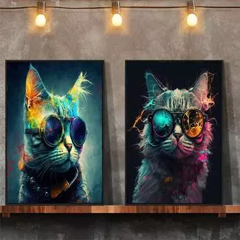 Милый и милый кот в очках, холст, картина, настенные художественные постеры с животными и принт, настенная картина, современная гостиная, домашний декор 21X30 cm No Frame