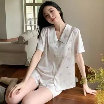 Милый и милый пижамный комплект с цветочным принтом для женщин, летние шорты с короткими рукавами, мягкая и удобная домашняя одежда для сна для девочек M