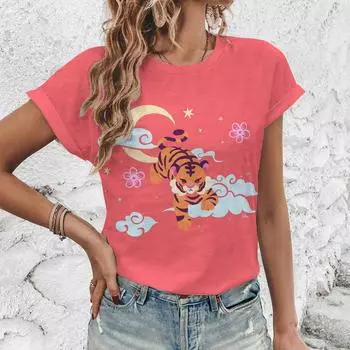 Милый и милый топ с принтом животных, короткий рукав, модная и энергичная уличная футболка, новый продукт, простая повседневная женская одежда S