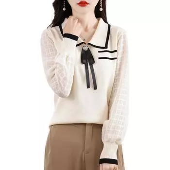 Милый и модный лоскутный трикотажный топ с длинными рукавами и кукольным воротником для женщин One size чёрный