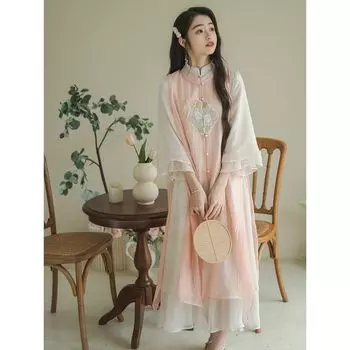 Милый и нежный китайский стиль, улучшенный вышитый жилет, костюм с юбкой Cheongsam с рюшами 2XL разноцветный