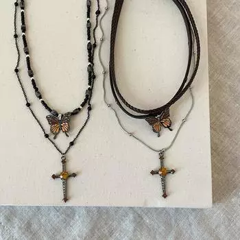 Милый и прохладный ветер крест бабочка стекированное ожерелье женский нишевый высокий смысл легкий роскошный ретро универсальный шейный цепочка свитер цепочка