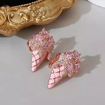 Милый и симпатичный дизайн сережек-гвоздиков в виде конуса с мороженым, серьги с цветным цирконием, версия модных и свежих женских сережек розовый