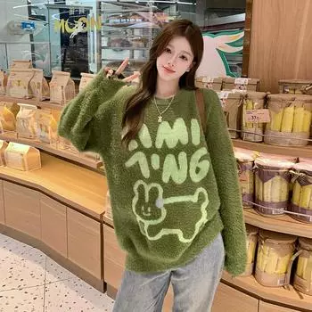 Милый и уютный свитер оверсайз с принтом на осень/зиму L белый