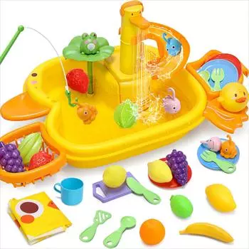 Милый игрушечный домик для посудомоечной машины из камня, набор из 35 предметов, игрушка для игры с водой 3 в 1, большая емкость для раковины с циркулирующей водой, реалистичная еда, водонепроницаемый фартук в комплекте