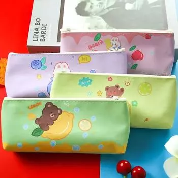 Милый карамельный цвет, мультяшный медведь, кролик, фрукты, пенал из искусственной кожи, портативный большой вместительный мешок для хранения канцелярских принадлежностей, Kawaii, школьные принадлежности