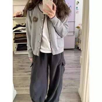 Милый кардиган с контрастным цветом и вышивкой в виде медведя Grey 2XL [Suggested 65.00 kg-75.00 kg]]