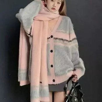 Милый кардиган, свитер в полоску, контрастный дизайн, свитер, женский кардиган, новинка 2023 года, вязаный кардиган с v-образным вырезом, пальто