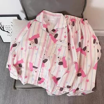 Милый кавайный комплект из двух частей с принтом «звезда, собака, письмо», Y2K, милая повседневная домашняя одежда, женская пижама, новая осенняя пижама с V-образным вырезом для женщин M