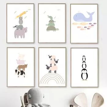 Милый кит, пчела, черепаха, пингвин, овца, радуга, детский плакат, настенная печать, холст, картина, мультфильм, картинки, декор детской комнаты 21x30cm No Framed