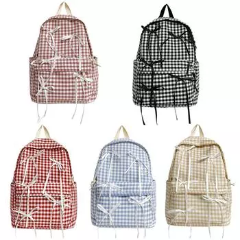 Милый клетчатый школьный рюкзак с бантом, легкий повседневный дорожный рюкзак для студентов, девочек, женщин, старшей школы, колледжа, работы синий