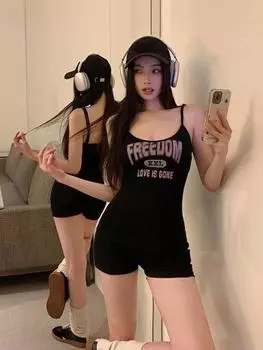 Милый комбинезон на подтяжках в стиле гранж с буквенным принтом, летние черные леггинсы для пикантных девушек Y2k, женские модные тонкие комбинезоны, шорты, новый S чёрный