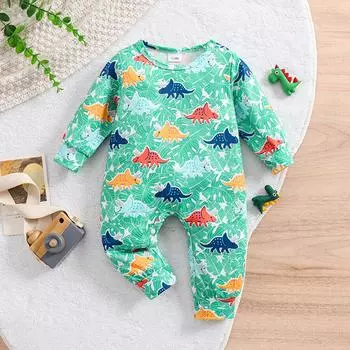 Милый комбинезон с длинными рукавами и принтом «Динасуар» для младенцев 1-3M