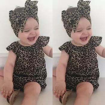 Милый комбинезон с леопардовым принтом для маленьких девочек, боди, комбинезон + повязка на голову, одежда 18-24m леопардовый