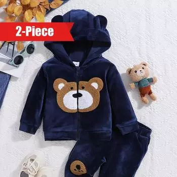 Милый комбинезон с мультяшным медведем для мальчиков, комплект из 2 предметов: толстовка с капюшоном и штаны, мягкая флисовая подкладка, застежка-молния и карманы 80