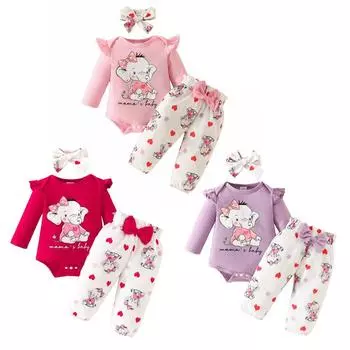 Милый комбинезон с принтом слона для младенцев, комбинезон с длинными рукавами, топ, брюки с бантом и повязка на голову, 3 шт. 3-6M