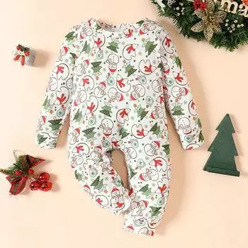 Милый комбинезон с принтом снеговика и рождественской елки для младенцев с длинными рукавами 1-3M