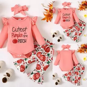 Милый комбинезон с тыквой для маленьких девочек на Хэллоуин, комплект одежды с повязкой на голову и штанами 0-3 Months розы красного