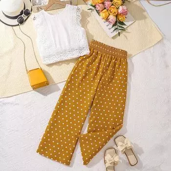 Милый комплект для девочек, летний детский безрукавный кружевной жаккардовый топ, широкие брюки в горошек, два комплекта 130cm=8Y белый