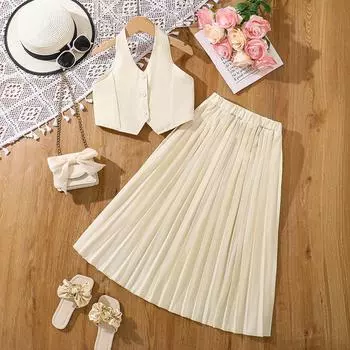 Милый комплект для девочек, летняя детская мода, жилет без рукавов с халтернеем, юбка, костюм из двух частей 130cm=8Y белый