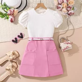 Милый комплект для девочек, летняя детская мода, топ с рукавами-фонариками, кожаная юбка-полуюбка, пояс, три комплекта 130cm=8Y белый