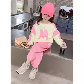 Милый комплект для девочек на весну и осень, длинный рукав, круглый вырез, свитер + штаны, комплект из двух предметов 160