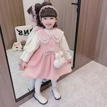 Милый комплект из двух частей в корейском стиле: Теплая рубашка с длинными рукавами и низом, осеннее платье-жилет с воротником-стойкой 2024 года 100 cm розовый