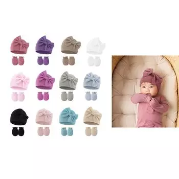 Милый комплект из шапочки и перчаток с бантом для новорожденного, эластичная шапочка для младенца и соответствующие перчатки с защитой от царапин на весну и осень 1