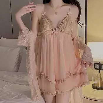 Милый комплект платьев-халатов для девочек, женское зимнее сексуальное сетчатое кружевное платье с глубоким V-образным вырезом на спине, комплект из 2 платьев M