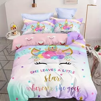 Милый комплект постельного белья с принтом единорога, мягкий, удобный пододеяльник для спальни, гостевой комнаты (1*Пододеяльник + 2*Наволочки) 135X200cm
