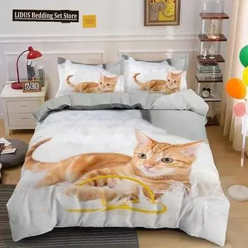 Милый комплект постельного белья с изображением кошки, односпальный, двуспальный, размера «king-size», пододеяльник из полиэстера с рисунком кошки EU Single 135x200cm