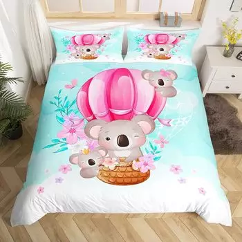 Милый комплект постельного белья с изображением коалы, комплект постельного белья с изображением розового воздушного шара, 3 шт., для декора детской комнаты, полиэстеровый чехол для пододеяльника с изображением животных EU Single(135x200cm)
