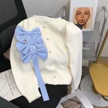 Милый корейский свитер, кардиган, женский, весна-осень 2023, дизайн, бант, свободный рукав, уникальный вязаный кардиган, свитер