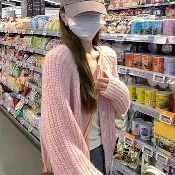 Милый короткий кардиган, свитер, пальто, женский осенне-зимний темперамент, 2023, свободный однотонный трикотаж с круглым вырезом, свитер, женский кардиган One Size розовый