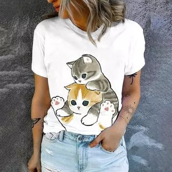 Милый кошачий принт, высокое качество, уличная мода, с коротким рукавом, свободная футболка с круглым вырезом, новая летняя повседневная удобная женская футболка S