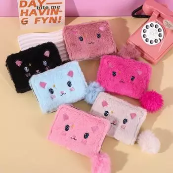 Милый кошелек для девочки с вышитым изображением кота из плюшевой искусственной кожи, кошелек для денег и монет, короткая сумка на молнии, держатель для удостоверения личности и кредитной карты