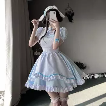 Милый костюм принцессы для выступлений в стиле «любовь», короткое платье горничной, платье Лолиты больших размеров, косплей, горничная M синий
