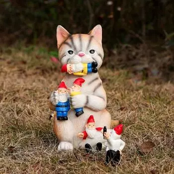 Милый кот ест гнома статую забавная садовая фигурка настольные украшения смоляные поделки статуэтка дети 18cm