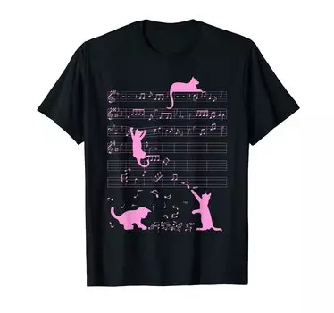 Милый кот играет с нотами Футболка музыканта Clef