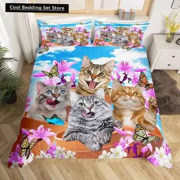 Милый кот King Queen Пододеяльник Комплект постельного белья с изображением котенка Фиолетовые цветочные бабочки Полиэстеровый пододеяльник Покрывало для питомца с изображением животного EU single(135x200cm)