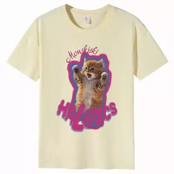 Милый кот напечатан свободная повседневная хлопковая футболка с коротким рукавом женская круглая горловина короткий рукав топы XS