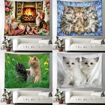 Милый кот настенный гобелен для офиса, гостиной, украшение на стену для дома, гобелен 100x75cm