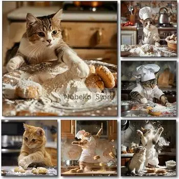 Милый кот-пекарь готовит постер с димсамами Мука Милый котенок Печатает Холст Настенные картины Главная Кухня Комната Современный Декор для домашних животных 20x20cm No Framed