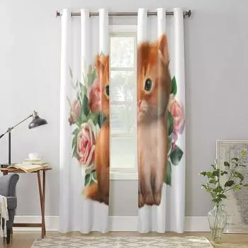 Милый кот с розами, оконная занавеска для детской комнаты, домашние жалюзи, шторы для гостиной, спальни, оконные шторы 135W x 60H(cm) x1