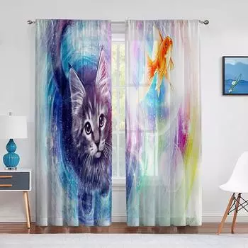 Милый Кот Золотая Рыбка Фэнтези Арт Красочные Тюлевые Шторы для Домашнего Декора Окна Спальня Кухня Современная Шифоновая Прозрачная Вуаль Занавеска 1 PCS W100XH250cm&Rod Pocket