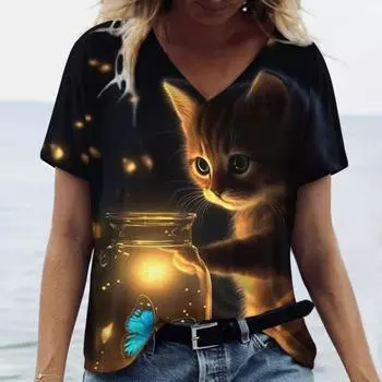 Милый котенок женские футболки V-образный вырез короткий рукав Harajuku летняя женская мода топы свободная повседневная одежда Kawaii S