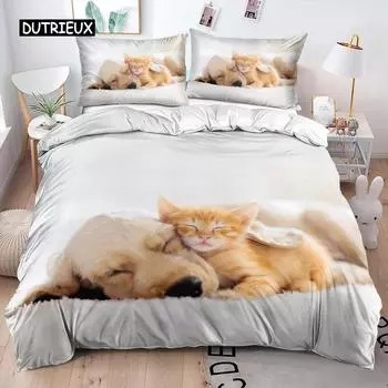 Милый котик собака пододеяльник комплект постельного белья животное питомец пододеяльник постельное белье покрывало 2/3 шт одеяло покрывало украшение дома женщины дети EU single(135x200cm)