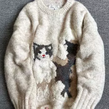 Милый котик жаккардовый вязаный свитер женский светлый цвет ленивый стиль дамский длинный рукав пуловер зимний повседневный шикарный топ S