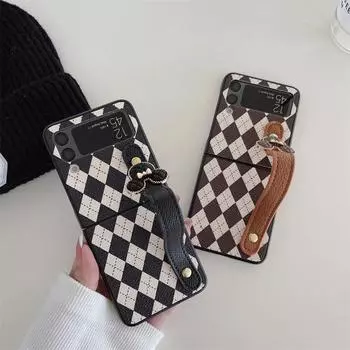Милый кожаный браслет-чехол для телефона для Samsung Galaxy Z Flip 4 3 5, защитный чехол с клетчатым узором для Flip5 Flip3 Flip4 5G Samsung Z flip 3 чёрный