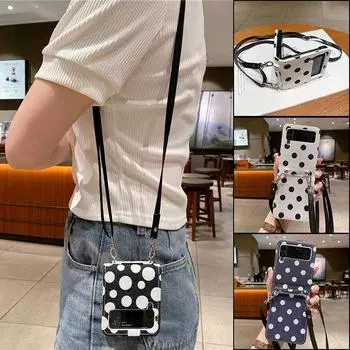 Милый кожаный чехол для телефона с ремешком в горошек для Samsung Galaxy Z Flip 3 Z Flip 4 5G, противоударный чехол для телефона с ремешком через плечо For Galaxy Z Flip 3 чёрный